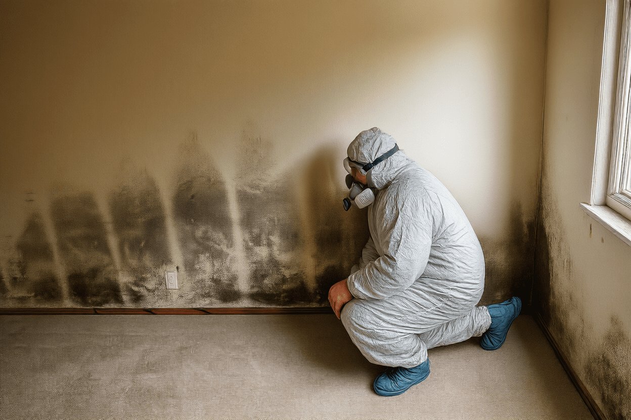 Certified mould technician in protective coveralls and respirator inspecting black mould on an interior wall